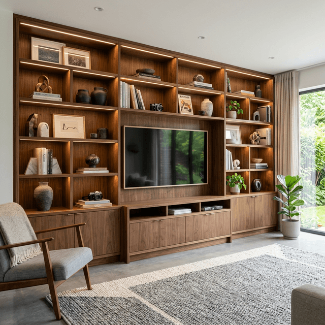 Meuble TV et bibliothèque sur-mesure en noyer avec éclairage intégré