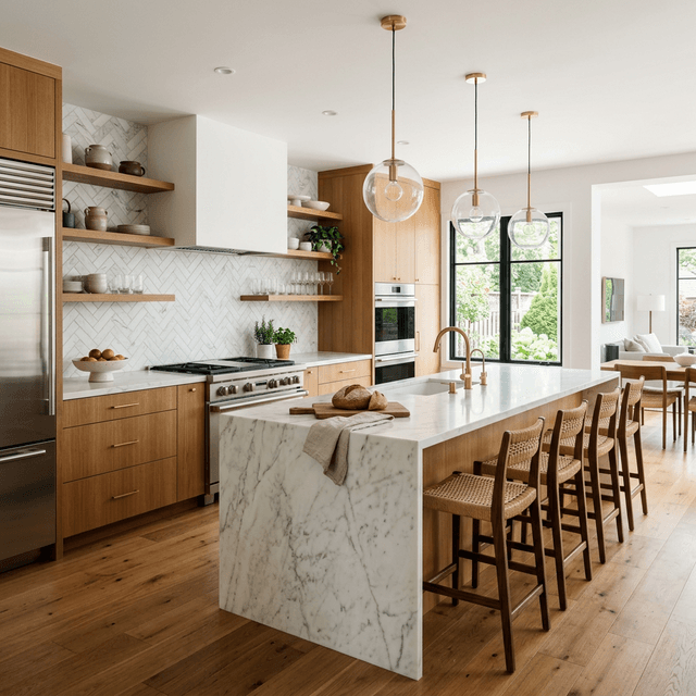 Cuisine rénovée avec plan de travail en marbre et menuiserie bois par MAIB